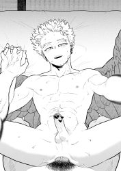 Rule 34 | 2boys, abs, anal, beard, boku no hero academia, censored, chest hair, completely nude, endeavor (boku no hero academia), erection, facial hair, feathers, finger on nipple, goatee, greyscale, hawks (boku no hero academia), heart, heart censor, highres, holding hands, interlocked fingers, leg hair, male focus, male penetrated, male pubic hair, monochrome, multiple boys, nipples, nude, p (pppppppppq), penis, pov, pubic hair, scar, scar on face, sex, short hair, sideburns, solo focus, spiked hair, stomach, toned, toned male, veins, veiny penis, yaoi