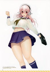 Rule 34 | 1girl, absurdres, bag, blue legwear, blue skirt, briefcase, headphones, highres, holding, long hair, looking at viewer, navel, nitroplus, open mouth, page number, pink hair, red eyes, sailor collar, scan, school bag, school briefcase, school uniform, serafuku, simple background, skirt, smile, solo, super sonico, thick thighs, thighs, tsuji santa, white background