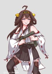Rule 34 | 1girl, :d, ahoge, aiming, bad id, bad twitter id, bare shoulders, black skirt, black thighhighs, blue eyes, blush, brown hair, commentary, disco brando, dress, flamethrower, frilled skirt, frills, grey background, gun, headgear, highres, holding, holding gun, holding weapon, japanese clothes, jesus revenge (meme), kantai collection, kongou (kancolle), legs apart, long hair, long sleeves, looking afar, looking away, nontraditional miko, open mouth, pleated skirt, sash, simple background, skirt, smile, solo, thighhighs, twitter username, weapon, white dress, wide sleeves