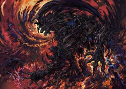 Rule 34 | 1boy, aura, carpet crawler, claws, fangs, final fantasy, final fantasy xvi, fire, flaming hand, from side, glowing, glowing eyes, highres, horns, ifrit (final fantasy), monster, open mouth, solo, upper body