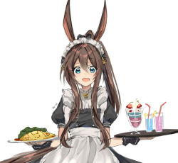 Rule 34 | 1girl, alternate costume, amiya (arknights), animal ears, apron, arknights, artist name, black dress, blue eyes, brown hair, commentary, commentary request, cowboy shot, dress, drinking straw, english commentary, enmaided, female focus, food, glass, hair between eyes, highres, holding, holding plate, ku-ini, long hair, looking at viewer, maid, maid headdress, omelet, omurice, open mouth, parfait, partially translated, plate, ponytail, rabbit ears, rabbit girl, short hair, sidelocks, simple background, smile, solo, translation request, very long hair, waist apron, white background