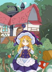 Rule 34 | 1girl, apron, bag, black hat, black skirt, black vest, blonde hair, blue sky, blush, blush stickers, braid, bug, bush, butterfly, buttons, chimney, commentary request, dirty, dirty clothes, dirty face, english text, hair ribbon, hat, hat ribbon, highres, house, insect, kirisame marisa, long hair, long sleeves, mushroom, no nose, plant, red ribbon, ribbon, road sign, sign, single braid, skirt, sky, smile, solo, stairs, standing, stop sign, tatutaniyuuto, touhou, tree, vest, vines, waist apron, white apron, window, witch hat, yellow eyes, yin yang, yin yang print