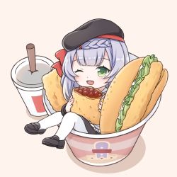 Rule 34 | 1girl, ;d, blunt bangs, braid, burger, carrying, chibi, cola, commentary request, cup, disposable cup, drinking straw, food, genshin impact, green eyes, hat, long sleeves, looking at viewer, mini person, minigirl, noelle (genshin impact), noelle (kfc) (genshin impact), one eye closed, open mouth, red bean paste, short hair, sidelocks, silver hair, simple background, single braid, sitting, smile, softrabbit, solo