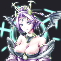 Rule 34 | 1girl, bandai, bare shoulders, bat (animal), bat (symbol), bat wings, black hair, black wings, blue eyes, breasts, bustier, claws, demon girl, detached collar, detached sleeves, digimon, digimon crusader, eyeshadow, facial mark, female focus, hair bun, hair ornament, highres, horns, large breasts, lilithmon, lipstick, makeup, multiple wings, open mouth, pointy ears, seven great demon lords, shawl, simple background, single hair bun, skirt, smile, solo, tattoo, white background, wings