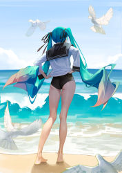 Rule 34 | 1girl, absurdres, adjusting clothes, animal, aqua hair, ass, badao zhu ge, barefoot, beach, bird, black ribbon, black one-piece swimsuit, colored tips, day, dove, facing away, from behind, full body, hatsune miku, highres, horizon, long hair, multicolored hair, no pants, one-piece swimsuit, orange hair, outdoors, ribbon, school uniform, serafuku, shore, skindentation, sky, standing, streaked hair, swimsuit, swimsuit under clothes, twintails, very long hair, vocaloid, waves
