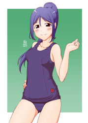 Rule 34 | 1girl, artist name, artist request, bare legs, bare shoulders, black one-piece swimsuit, blue hair, blush, breasts, clenched hand, collarbone, female focus, hair between eyes, hand on own hip, kit (studio), long hair, looking at viewer, love live!, love live! sunshine!!, matsuura kanan, one-piece swimsuit, parted lips, ponytail, purple eyes, small breasts, smile, solo, swimsuit