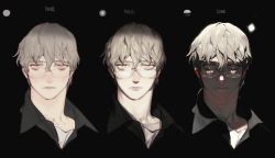 Rule 34 | 1boy, black background, black shirt, closed mouth, collared shirt, dark, english text, glasses, grey hair, highres, looking at viewer, male focus, multiple views, original, pigeon666, portrait, shirt, simple background, wing collar, yellow eyes