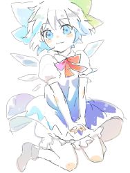 Rule 34 | 1girl, :3, ankle socks, backlighting, bloomers, blue bow, blue dress, blue eyes, blue hair, blush stickers, bow, bowtie, cirno, closed mouth, dot nose, dress, eyes visible through hair, floating hair, frills, full body, hair bow, ice, ice wings, jaggy lines, jumping, large bow, legs up, looking at viewer, machiko (beard), no shoes, oekaki, own hands clasped, own hands together, pinafore dress, puffy short sleeves, puffy sleeves, red bow, red bowtie, short dress, short hair, short sleeves, simple background, sketch, sleeveless dress, smile, socks, solo, touhou, underwear, v arms, white background, white bloomers, white socks, wing collar, wings