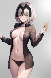 1girl alternate_costume black_panties black_shirt blush closed_mouth commentary english_commentary fate/grand_order fate_(series) grey_background grey_hair haruyuki_(karem) headpiece highres jeanne_d&#039;arc_alter_(fate) looking_at_viewer navel no_bra open_clothes open_shirt panties shirt short_hair simple_background solo stomach underwear yellow_eyes