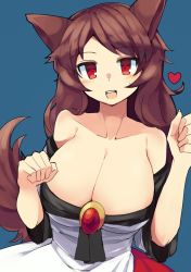 Rule 34 | 1girl, animal ears, bare shoulders, blue background, blush, breasts, brooch, brown hair, cleavage, collarbone, dress, heart, highres, huge breasts, imaizumi kagerou, jewelry, long hair, looking at viewer, open mouth, paw pose, red eyes, sakaki (utigi), simple background, smile, solo, tail, teeth, touhou, upper body, upper teeth only, white dress, wide sleeves, wolf ears, wolf tail