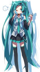 Rule 34 | alternate hairstyle, aosaki yato, aqua eyes, aqua hair, aqua necktie, bangs pinned back, bare shoulders, belt, black skirt, black sleeves, black thighhighs, blue towel, blush, bottle, commentary, detached sleeves, expressionless, feet out of frame, front ponytail, grey shirt, hair ornament, hatsune miku, headphones, highres, holding, holding bottle, holding towel, light blush, long hair, looking at viewer, miniskirt, necktie, one eye closed, pleated skirt, shadow, shirt, shoulder tattoo, skirt, sleeveless, sleeveless shirt, solo, speech bubble, spoken sweatdrop, standing, sweatdrop, tattoo, thighhighs, towel, towel around neck, twintails, very long hair, vocaloid, water bottle, white background, wiping face, zettai ryouiki