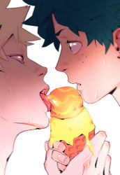 Rule 34 | 2boys, absurdres, bakugou katsuki, blonde hair, blurry, blush, boku no hero academia, depth of field, eye contact, food, freckles, green hair, grey background, hand up, highres, holding, ice cream, ice cream cone, looking at another, male focus, midoriya izuku, multiple boys, portrait, profile, red eyes, shared food, short hair, simple background, sweat, tongue, tongue out, wengwengchim