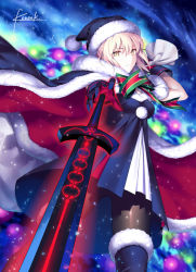 Rule 34 | &gt;:(, 1girl, artist name, artoria pendragon (all), artoria pendragon (fate), black dress, black gloves, black pantyhose, blonde hair, cape, christmas ornaments, christmas tree, closed mouth, cowboy shot, dress, excalibur morgan (fate), fate/grand order, fate (series), foreshortening, frown, fur trim, gloves, hat, kousaki rui, looking at viewer, pantyhose, pom pom (clothes), saber (fate), saber alter, sack, santa alter, santa hat, short hair, signature, solo, thighhighs, v-shaped eyebrows, yellow eyes