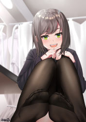 Rule 34 | 1girl, absurdres, aki (1360505188), black pantyhose, blurry, blurry background, blush, commentary request, curtains, feet, foot focus, foreshortening, green eyes, grey hair, hands on own knees, highres, long sleeves, looking at viewer, medium hair, no shoes, open mouth, original, pantyhose, signature, smile, soles, solo, table, toes