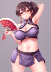 Rule 34 | 1girl, arm up, armpits, breasts, brown eyes, brown hair, china dress, chinese clothes, cowboy shot, dress, earrings, folding fan, hair between eyes, hand fan, jewelry, kaga (kancolle), kantai collection, large breasts, long hair, looking at viewer, midriff, navel, nicoby, side ponytail, simple background, solo