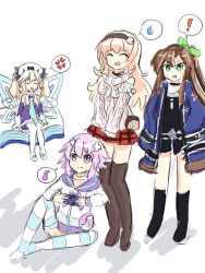 Rule 34 | 4girls, annoyed, bare shoulders, blonde hair, book, brown hair, choker, coat, compa, controller, d-pad, d-pad hair ornament, dress, fairy, game controller, green eyes, hair ornament, hat, headband, histoire, hood, hoodie, if (neptunia), jumper, laughing, leggings, long hair, multiple girls, neptune (neptunia), neptune (series), open mouth, orange hair, parka, ponytail, purple eyes, purple hair, ribbon, robe, shoes, short hair, sidetail, smile, stocking, striped legwear, surprised, sweater, tome fairy, trench coat, twintails, water wolf