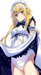 Rule 34 | 1girl, arm garter, bare shoulders, blonde hair, bow, bowtie, breasts, clothes lift, commentary request, cowboy shot, crotch seam, dress, dress lift, earrings, groin, hair ornament, highres, jewelry, kurebayashi noe, lifting own clothes, long hair, looking at viewer, maid, maid headdress, medium breasts, one-piece swimsuit, original, purple eyes, sidelocks, simple background, sleeveless, sleeveless dress, slit pupils, solo, standing, star (symbol), star hair ornament, swimsuit, swimsuit under clothes, thighs, white background, white dress, white one-piece swimsuit, wing collar
