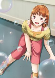 Rule 34 | 1girl, air bubble, aqua wristband, artist name, artist request, bare legs, bare shoulders, blush, bow, braid, breasts, bubble, cleavage, clover hair ornament, collarbone, female focus, hair bow, hair ornament, hair scrunchie, highres, looking at viewer, love live!, love live! school idol festival, love live! sunshine!!, medium breasts, nail, nail polish, off-shoulder shirt, off shoulder, orange footwear, orange hair, outdoors, pants, parted lips, pink nails, pink nails, rain, red eyes, red pants, red shirt, scrunchie, shirt, shoes, short hair, short sleeves, side braid, single braid, sitting, small breasts, smile, sneakers, solo, sweatband, sweatpants, t-shirt, takami chika, undershirt, white scrunchie, yellow bow, yellow shirt