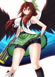 Rule 34 | &gt;:), 1girl, arm cannon, belt, bike shorts, bird wings, black socks, black wings, blush, bow, breasts, brown hair, cameltoe, cape, hair bow, hand on own hip, highres, kneehighs, large breasts, long hair, looking at viewer, md5 mismatch, navel, nekoda (maoda), red eyes, reiuji utsuho, shirt, shorts, shorts under skirt, skirt, sleeveless, sleeveless shirt, smile, socks, solo, third eye, touhou, v-shaped eyebrows, weapon, wings