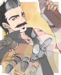 Rule 34 | 1boy, animification, apex legends, black hair, black vest, bottle, brown eyes, commentary, facial hair, fuse (apex legends), grey hair, holding, holding bottle, mechanical arms, mustache, one eye covered, open hand, open mouth, rai (scrambleriot), single mechanical arm, smile, solo, soul patch, upper body, vest