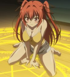 Rule 34 | 1girl, barefoot, breasts, cleavage, feet, highres, large breasts, long hair, naruse mio, red hair, screencap, shinmai maou no testament, shorts, sitting, solo, stitched, third-party edit