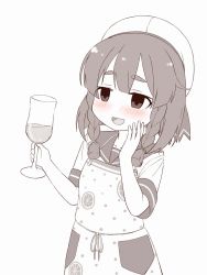 Rule 34 | 1girl, alcohol, apron, beer, blush, bob cut, braid, commentary request, cowboy shot, cup, drinking glass, drunk, etorofu (kancolle), hand on own face, highres, kantai collection, monochrome, open mouth, polka dot, polka dot apron, sailor collar, school uniform, sepia, serafuku, side braid, simple background, smile, soba (sobaya1938), solo, spot color, thick eyebrows, twin braids, upper body, wine glass