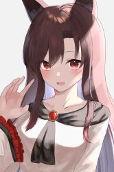 Rule 34 | 1girl, absurdres, anima miko, animal ears, brown hair, collarbone, fang, highres, imaizumi kagerou, long hair, long sleeves, looking at viewer, open mouth, red eyes, skin fang, smile, solo, touhou, upper body, wolf ears