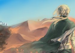 Rule 34 | 1boy, armor, bedivere (fate), cape, castle, desert, fate/grand order, fate (series), from behind, kaede (kaedere), male focus, pyramid (structure), silver hair, solo, twintails