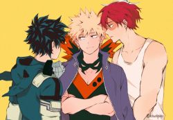 Rule 34 | 2021, 3boys, adam&#039;s apple, artist name, bakugou katsuki, bare shoulders, blonde hair, blue eyes, boku no hero academia, burn scar, closed mouth, collarbone, crossed arms, curly hair, eyebrows, facial scar, green hair, hair ornament, happy birthday, height difference, hood, hood down, kiwii, looking at another, male focus, mask, midoriya izuku, mouth mask, multicolored hair, multiple boys, pale skin, parted lips, profile, red eyes, red hair, scar, scar across eye, scar on cheek, scar on face, short hair, sleeveless, smile, spiked hair, tank top, todoroki shouto, twitter username, two-tone hair, watermark, white hair, white tank top, yellow background