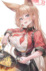 Rule 34 | 1girl, :d, animal ears, artist name, black skirt, blue archive, blue eyes, blush, breasts, brown hair, cooking, food, fried rice, hair between eyes, halo, highres, holding stove, large breasts, long hair, looking at viewer, myung yi, neckerchief, open mouth, purple eyes, red halo, red neckerchief, rumi (blue archive), skirt, smile, solo, stove, sweat