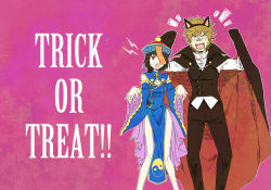 Rule 34 | 1boy, 1girl, :o, animal ears, bad id, bad pixiv id, black hair, black pants, black vest, blank eyes, blank stare, blonde hair, blush, breasts, brown eyes, cape, cape lift, cat ears, china dress, chinese clothes, cleavage, cleavage cutout, clothing cutout, detached collar, detached sleeves, dress, english text, fang, fangs, frilled sleeves, frills, halloween, halloween costume, hamazura shiage, high collar, hip focus, jiangshi, medium breasts, ofuda, open mouth, outstretched arms, pants, pelvic curtain, pink background, saiba (henrietta), shirt, short hair, side slit, standing, takitsubo rikou, toaru majutsu no index, vampire costume, vest, white shirt, wide sleeves, yin yang