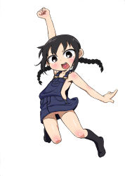 Rule 34 | 1girl, black hair, braid, heart, heart in mouth, highres, jumping, mitsudomoe, mole, naked overalls, no panties, ogata airi, open mouth, overalls, socks, solo, tengudake, twin braids
