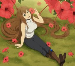Rule 34 | 1girl, :d, absurdly long hair, arm at side, arm support, arm up, bare arms, bare shoulders, belt, boots, borrowed character, breasts, brown footwear, brown hair, capri pants, crossed ankles, crossed legs, danzilla, flower, from above, full body, gem, grass, green eyes, hibiscus, knee boots, large breasts, long hair, looking at viewer, looking up, open mouth, pants, sitting, sleeveless, sleeveless turtleneck, smile, solo, turtleneck, very long hair