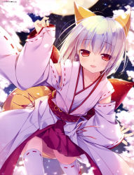 Rule 34 | 1girl, :d, absurdres, animal ears, artist name, blush, chikotam, collarbone, english text, fang, fox ears, fox tail, highres, looking at viewer, obi, open mouth, original, pleated skirt, red eyes, red skirt, ribbon-trimmed legwear, ribbon-trimmed sleeves, ribbon-trimmed thighhighs, ribbon trim, sash, silver hair, skirt, sleeves past wrists, smile, solo, tail, thighhighs, white thighhighs