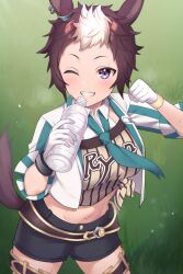 Rule 34 | 1girl, absurdres, animal ears, black shorts, blush, bottle, breasts, brown hair, clothes writing, collared shirt, commentary, cowboy shot, cropped jacket, ear ornament, ear piercing, flexing, gloves, grass, green necktie, grin, groin, highres, holding, holding bottle, horse ears, horse girl, horse tail, jacket, large breasts, leg belt, looking at viewer, mejiro ryan (umamusume), midriff, multicolored hair, navel, necktie, one eye closed, piercing, shirt, short hair, short shorts, shorts, sidelocks, smile, solo, standing, striped clothes, striped jacket, sweatdrop, tail, teeth, tied shirt, two-tone hair, umamusume, umi! (umidigda kawaii), vertical-striped clothes, vertical-striped jacket, water bottle, white gloves, white hair, white jacket, wristband