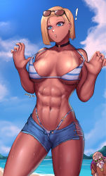 Rule 34 | !, 1boy, abs, absurdres, android 18, beach, bikini, bikini under clothes, blonde hair, blood, blue eyes, blue sky, breasts, choker, cleavage, cloud, dark skin, dragon ball, earrings, eyewear on head, fluffydus, hands up, highres, jewelry, looking down, mountainous horizon, muten roushi, nosebleed, old, old man, outdoors, parted lips, short hair, shorts, signature, sky, strap pull, sunglasses, sweat, swimsuit, tan, tanline, thighs, underboob