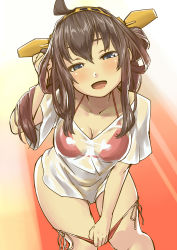 Rule 34 | 10s, 1girl, absurdres, ahoge, bikini, bikini pull, blue eyes, breasts, brown hair, clothes pull, collarbone, double bun, hair between eyes, hair ornament, hairband, halterneck, highres, kantai collection, kongou (kancolle), leaning forward, long hair, looking at viewer, nekotama1987, open mouth, pulled by self, red bikini, see-through, shirt, short sleeves, side-tie bikini bottom, solo, swimsuit, wet, wet clothes, wet shirt, white shirt