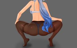Rule 34 | 1girl, ass, backboob, blue hair, bra, breasts, from behind, ganyu (genshin impact), genshin impact, head out of frame, highres, large breasts, long hair, pantyhose, shiny clothes, shwaboingo, solo, squatting, thong, thong under pantyhose, underwear, very long hair
