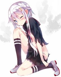 Rule 34 | 10s, 1girl, 36do5fun, black skirt, blue eyes, blush, crescent, crescent hair ornament, frilled skirt, frills, full body, hair between eyes, hair ornament, hand on own knee, highres, kamizaki hibana, kantai collection, kneehighs, kneeling, light purple hair, looking at viewer, one eye closed, pink ribbon, pleated skirt, ribbon, shoes, short hair with long locks, skirt, socks, solo, tears, torn clothes, uwabaki, wavy mouth, yayoi (kancolle)