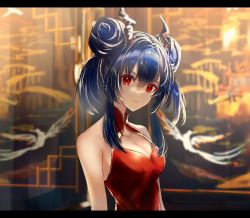 Rule 34 | 1girl, arknights, bare shoulders, blue hair, breasts, ch&#039;en (ageless afterglow) (arknights), ch&#039;en (arknights), china dress, chinese clothes, cleavage, cleavage cutout, clothing cutout, commentary, double bun, dragon horns, dress, gawako, hair bun, highres, horns, letterboxed, looking at viewer, medium hair, official alternate costume, red dress, red eyes, solo, upper body