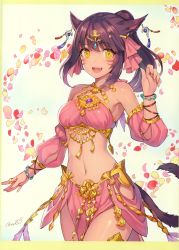 Rule 34 | 1girl, :d, absurdres, animal ears, armpits, warrior of light (ff14), bandeau, bare shoulders, bead bracelet, beads, black hair, bracelet, breasts, cat ears, cat girl, cat tail, cowboy shot, dancer, detached sleeves, facial mark, fang, fictional persona, final fantasy, final fantasy xiv, hair ornament, hair ribbon, hand up, harem outfit, highres, jewelry, long hair, looking at viewer, medium breasts, midriff, miqo&#039;te, momoko (momopoco), navel, open mouth, pelvic curtain, ponytail, revealing clothes, ribbon, scan, sidelocks, slit pupils, smile, solo, standing, stomach, tail, thighs, whisker markings, yellow eyes