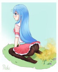 Rule 34 | 1girl, aqua eyes, ass, blue hair, blush, cecilia (lost treasures), clothes lift, drooping, embarrassed, fart, flower, gas, grass, long hair, lost treasures, panties, panties under pantyhose, pantyhose, rakki991 (artist), rocket launcher, rpg (weapon), signature, sitting, skirt, skirt lift, smell, underwear, very long hair, weapon