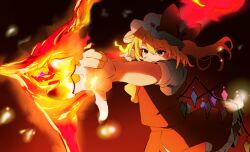 Rule 34 | 1girl, arrow (projectile), ascot, black background, blonde hair, bow, commentary request, cowboy shot, crystal, double-parted bangs, fighting stance, fire, flandre scarlet, floating hair, foreshortening, frilled skirt, frills, gradient background, hair between eyes, hat, hat bow, highres, huge bow, jujutsu kaisen, koroyarou, long hair, looking afar, mob cap, outstretched arm, parody, red background, red bow, red eyes, red skirt, red vest, serious, shirt, short sleeves, simple background, skirt, solo, standing, touhou, tsurime, v-shaped eyebrows, vest, white hat, white shirt, wings, yellow ascot