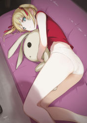 Rule 34 | 1girl, artist name, ass, bare arms, bare legs, blonde hair, blue eyes, closed mouth, couch, hugging doll, expressionless, hair ribbon, highres, long hair, looking at viewer, lying, no pants, hugging object, on couch, on side, original, panties, red ribbon, red shirt, ribbon, shadow, shirt, short sleeves, sidelocks, solo, stuffed animal, stuffed rabbit, stuffed toy, tea (nakenashi), thighs, twintails, underwear, white panties