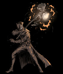 Rule 34 | 1boy, arizuka (catacombe), bloodborne, boots, brown footwear, brown gloves, brown hat, brown jacket, commentary request, dark background, fire, gloves, hammer, hat, highres, holding, holding hammer, holding weapon, hunter (bloodborne), jacket, long jacket, looking at viewer, male focus, solo, weapon