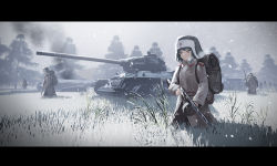 Rule 34 | 1girl, absurdres, backpack, bag, black hair, bolt action, brown coat, coat, day, grass, grey theme, gun, hat, highres, holding, holding gun, holding weapon, huge filesize, kexue, letterboxed, long sleeves, military, military vehicle, motor vehicle, original, outdoors, red eyes, red star, scenery, short hair, sketch, smoke, snow, snowing, soldier, solo, soviet army, star (symbol), t34/85, tank, tree, weapon
