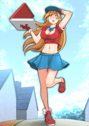 Rule 34 | 1girl, between breasts, blonde hair, blue eyes, blue skirt, blush, breasts, cleavage, commentary request, copyright request, day, full body, gloves, highres, holding, house, large breasts, navel, open mouth, outdoors, pizza box, red footwear, red gloves, red shirt, shirt, short sleeves, skirt, solo, teeth, upper teeth only, yamauchi (conan-comy)
