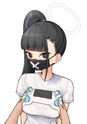 Rule 34 | 1girl, 1other, 28 (282teeth), alternate costume, black eyes, black hair, black mask, blue archive, blunt bangs, bralines, breasts, disembodied hand, furrowed brow, game controller print, halo, high ponytail, highres, long hair, looking at viewer, mask, medium breasts, mouth mask, ponytail, shirt, short sleeves, simple background, solo focus, sukeban (smg) (blue archive), surgical mask, t-shirt, upper body, white background, white shirt, worried