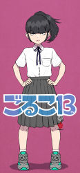 Rule 34 | 1girl, absurdres, ankle socks, artist name, black eyes, black hair, breast pocket, closed mouth, collared shirt, frown, full body, glaring, grey skirt, hands on own hips, highres, jewelry, kanchiyo, looking at viewer, necklace, original, pink background, pleated skirt, pocket, ponytail, school uniform, shadow, shirt, shoes, simple background, skirt, sneakers, socks, solo, standing, translation request, uniform, white shirt