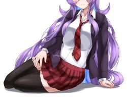 Rule 34 | 1girl, animal ears, black jacket, black thighhighs, blazer, closed mouth, facing viewer, full body, head out of frame, highres, jacket, long hair, long sleeves, necktie, plaid, plaid skirt, poffusagi, purple hair, rabbit ears, rabbit girl, red necktie, red skirt, reisen udongein inaba, shirt, signature, simple background, sitting, skirt, smile, solo, thighhighs, touhou, very long hair, white background, white shirt